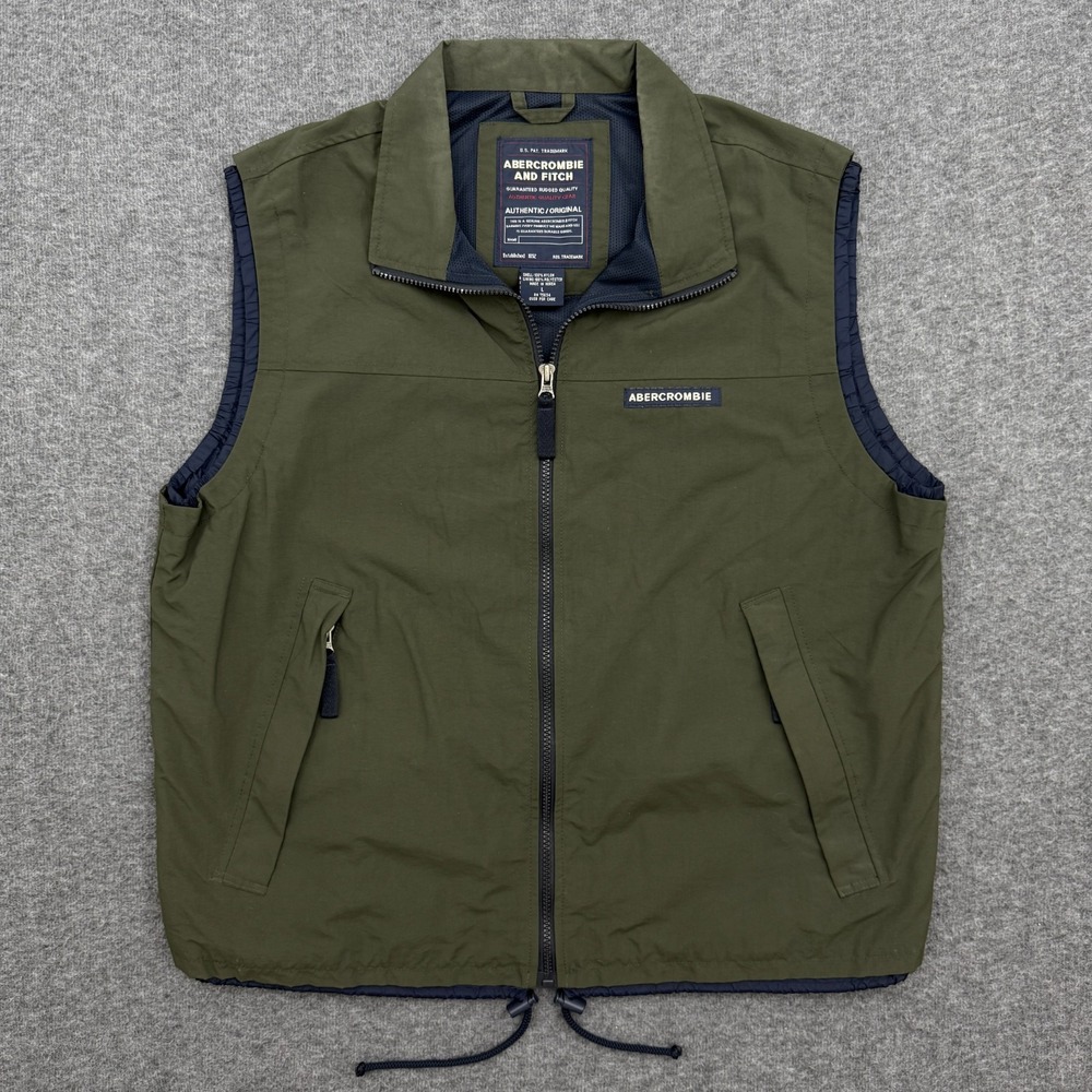 VTG Abercrombie Fitch Vest Mens Large Green Full Zip‎ Pockets Lined Windbreaker